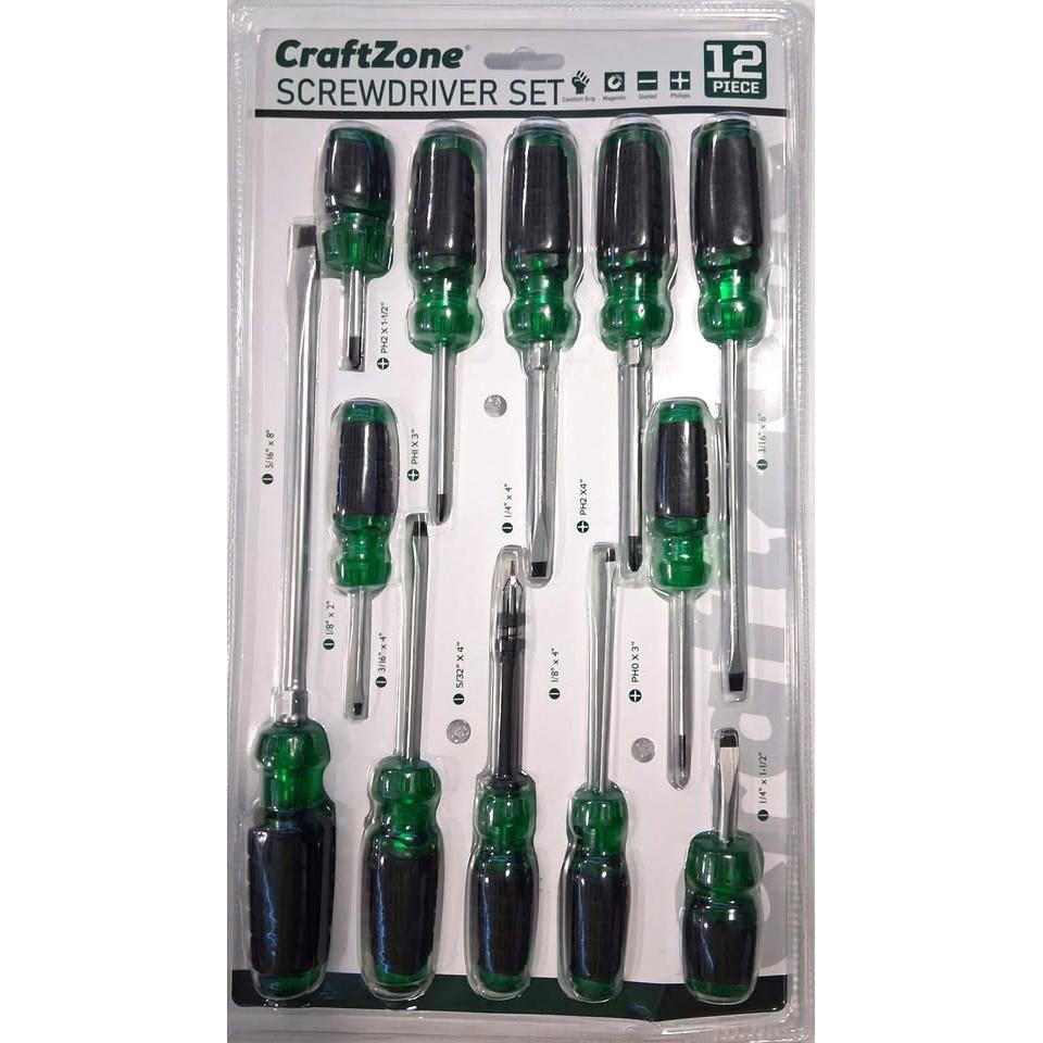 CRAFTZONE Set 12 Destornilladores Comfort Grip Magnético Slotted Phillips Verde Negro