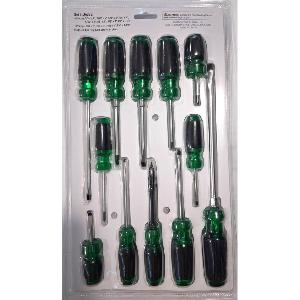 CRAFTZONE Set 12 Destornilladores Comfort Grip Magnético Slotted Phillips Verde Negro