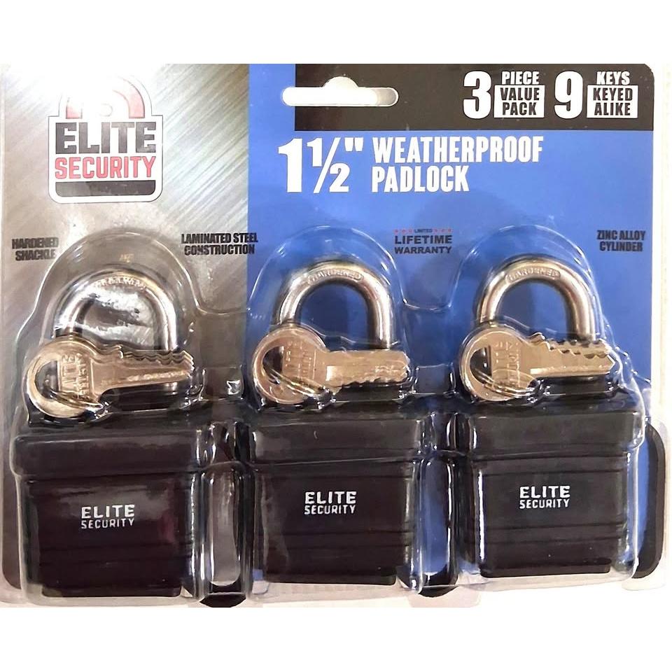 Elite Security 3-Pack 1.5" Weatherproof Padlocks – Keyed Alike (9 Keys)