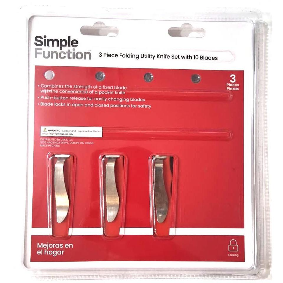 SIMPLE FUNCTION Set 3 Navajas Plegables Utility con 10 Cuchillas Push-Button Locking Rojo