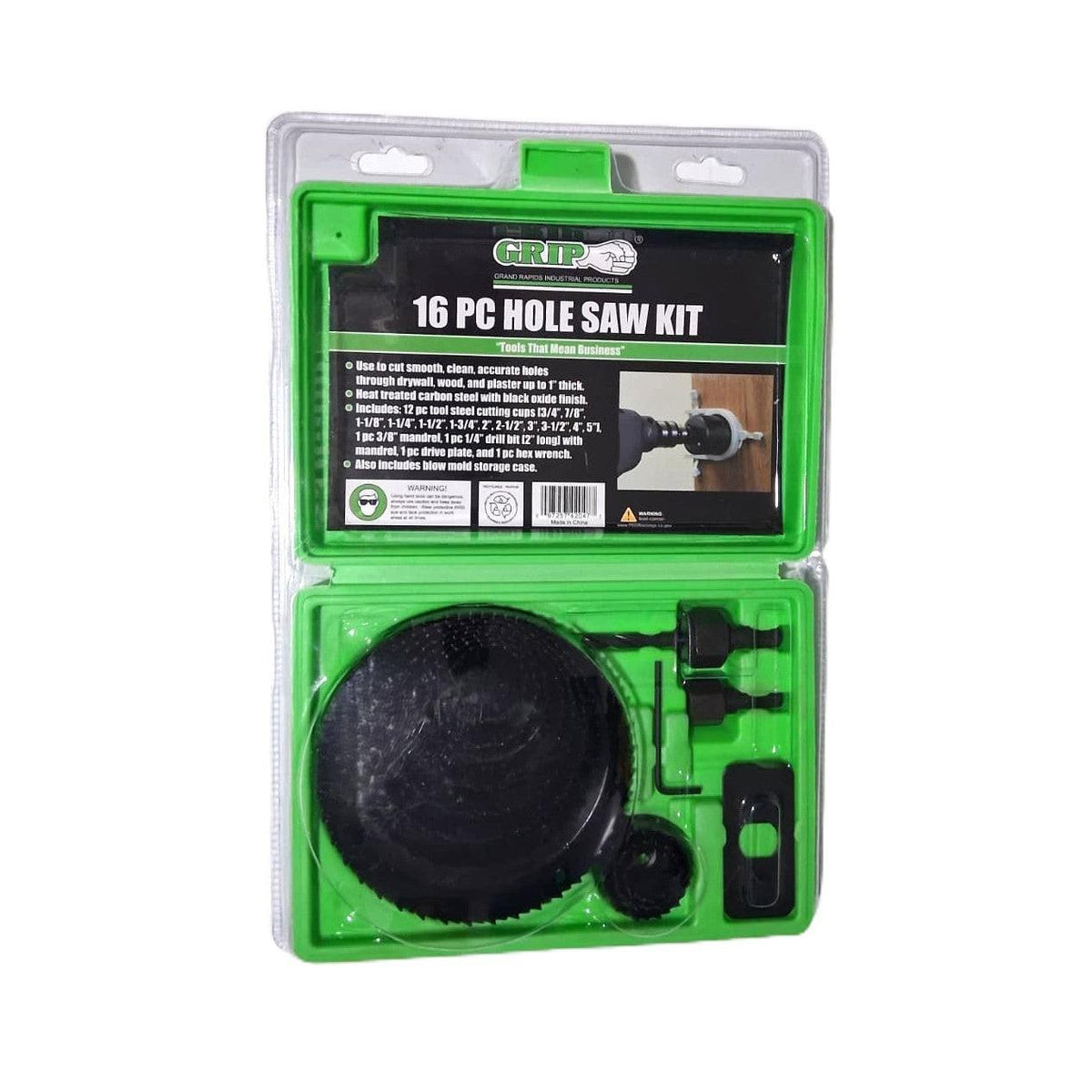 GRIP 16-Piece Hole Saw Kit – Carbon Steel, 3/4" to 5", with Storage Case