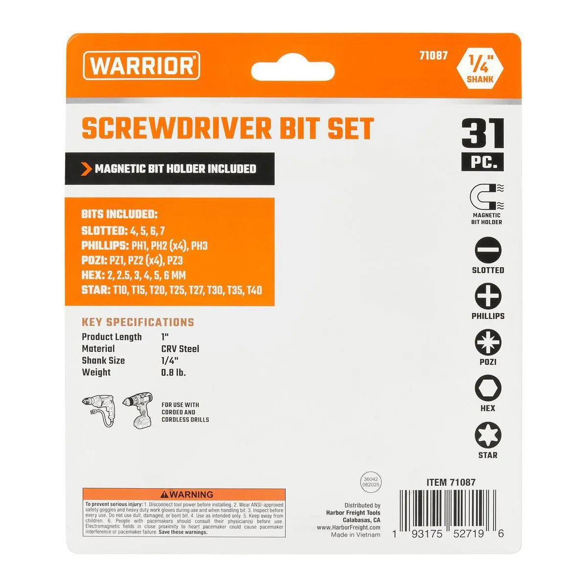 Warrior 31-Piece Screwdriver Bit Set – 1/4" Shank, CRV Steel, Magnetic Bit Holder