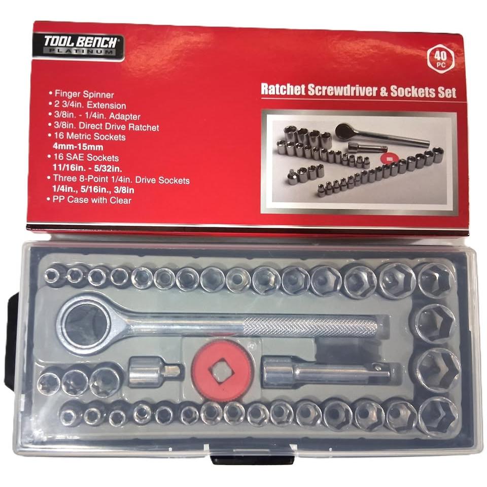 Set 40 Piezas Ratchet y Dados Tool Bench Platinum – SAE y Métrico | 3/8" Drive | Estuche PP Incluido