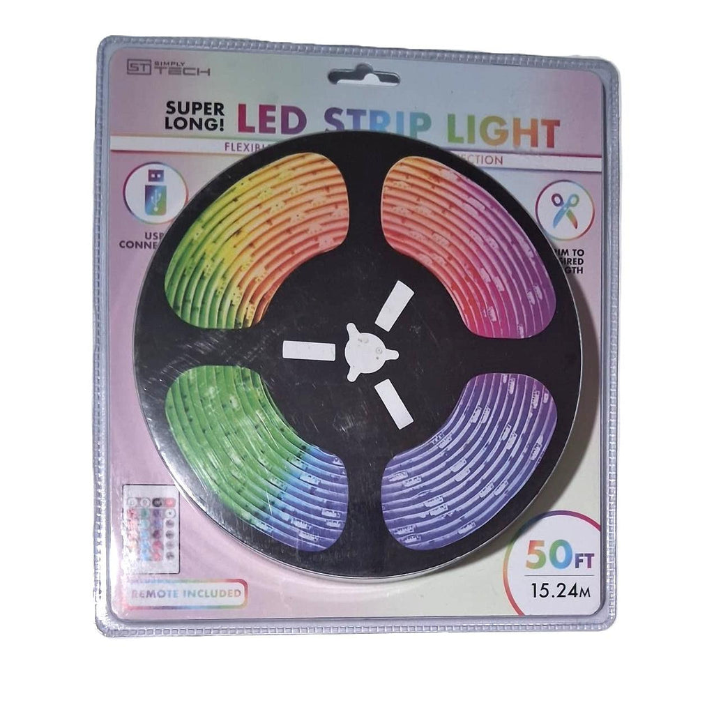 Tira LED RGB Multicolor 50 Pies (15.24m) – Simply Tech | USB | Control Remoto Incluido