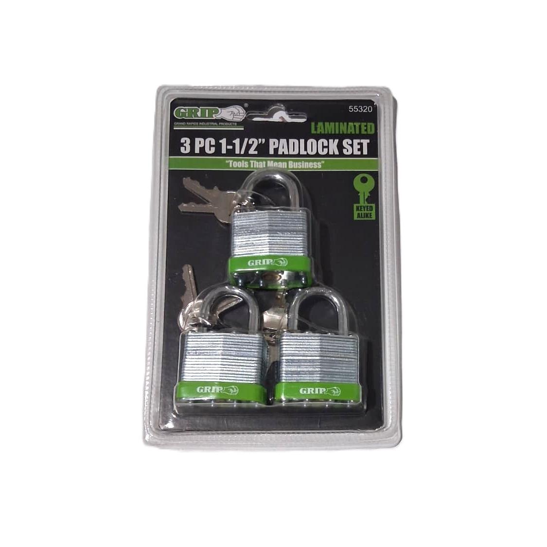 GRIP 3-Piece 1-1/2" Laminated Padlock Set – Keyed Alike (55320)
