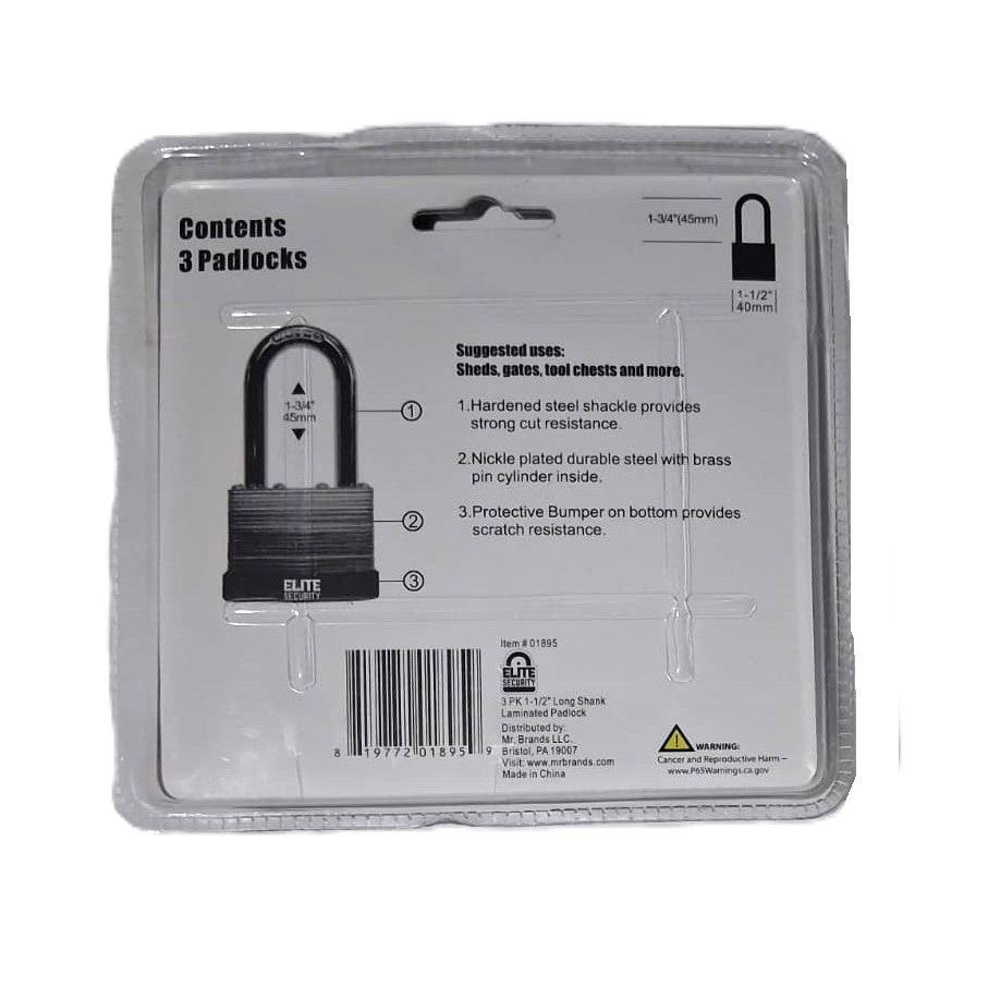 Elite Security 3-Pack 1-1/2" Long Shank Laminated Padlocks – Keyed Alike (9 Keys)