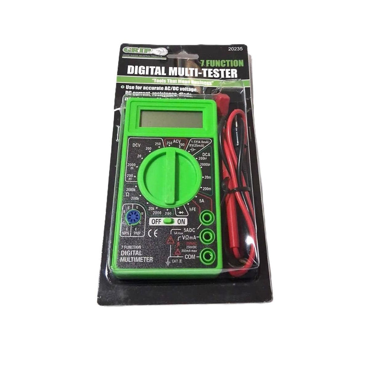 GRIP 7-Function Digital Multi-Tester – AC/DC Voltage, Resistance, Transistor (20235)