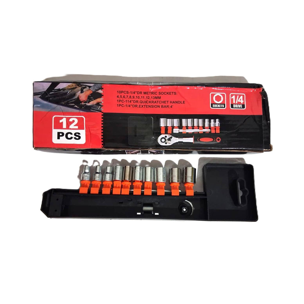 12-Piece 1/4" Drive Metric Socket Set – Quick-Ratchet Handle & Extension Bar