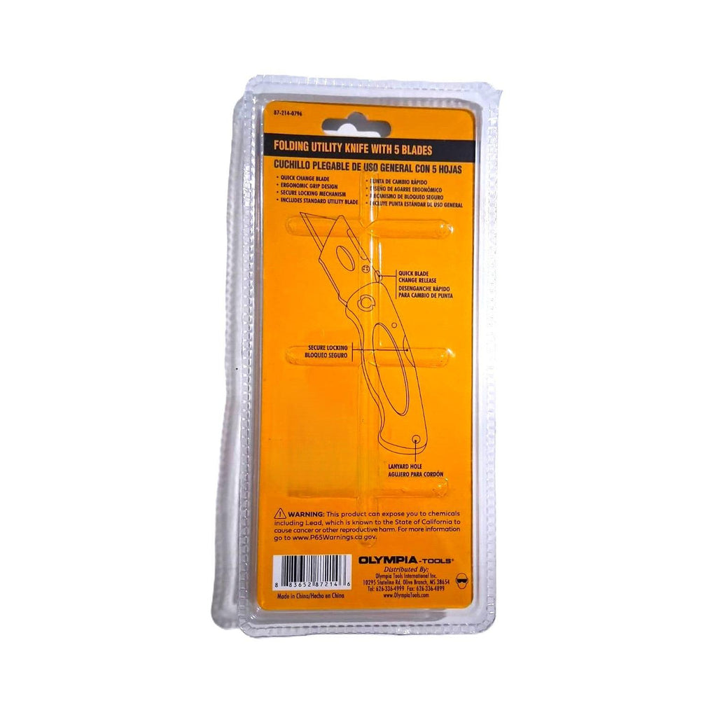 Olympia Tools Folding Utility Knife – Quick-Change, Locking, 5 Blades (67-214-0796)