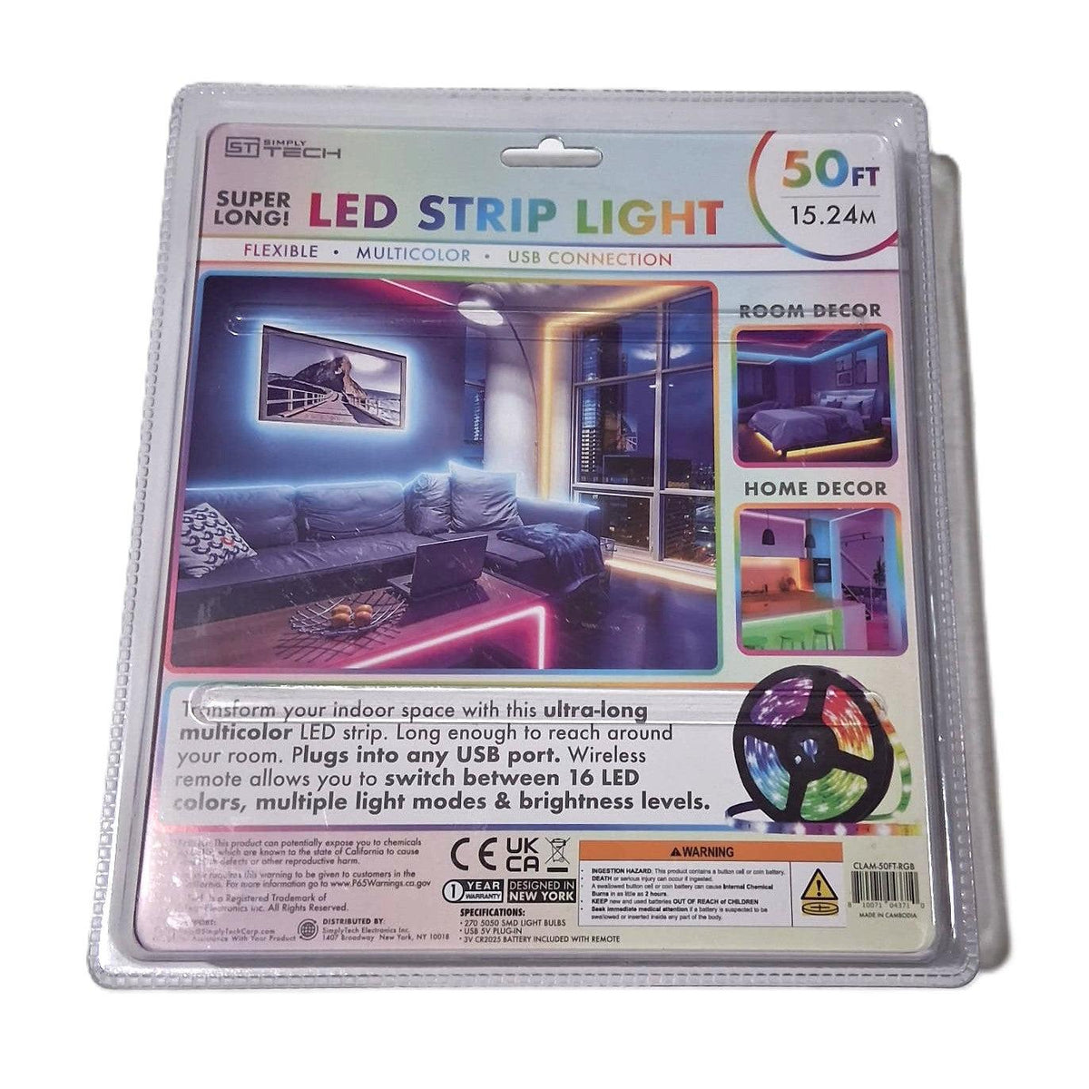 Tira LED RGB Multicolor 50 Pies (15.24m) – Simply Tech | USB | Control Remoto Incluido