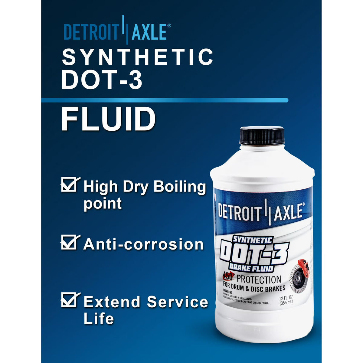 Detroit Axle Liquido de Frenos Sintetico DOT-3 355ml 12oz Proteccion 450F Tambor y Disco