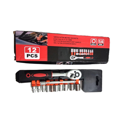 12-Piece 1/4" Drive Metric Socket Set – Quick-Ratchet Handle & Extension Bar
