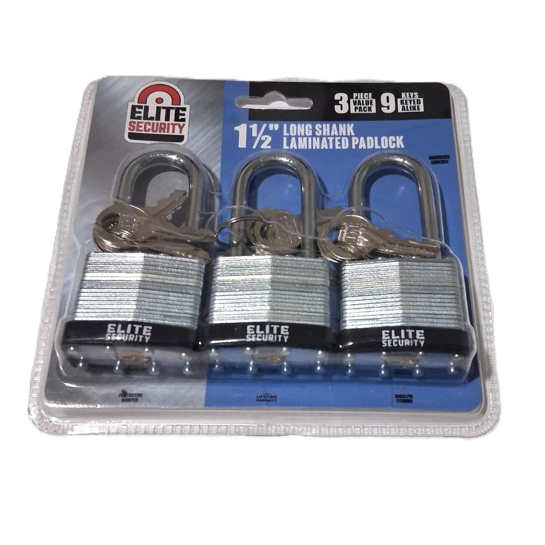 Elite Security 3-Pack 1-1/2" Long Shank Laminated Padlocks – Keyed Alike (9 Keys)