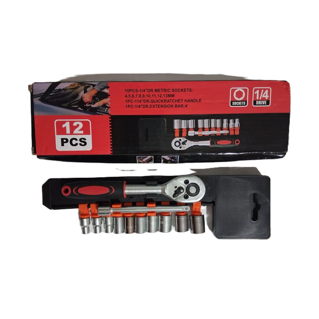 12-Piece 1/4" Drive Metric Socket Set – Quick-Ratchet Handle & Extension Bar