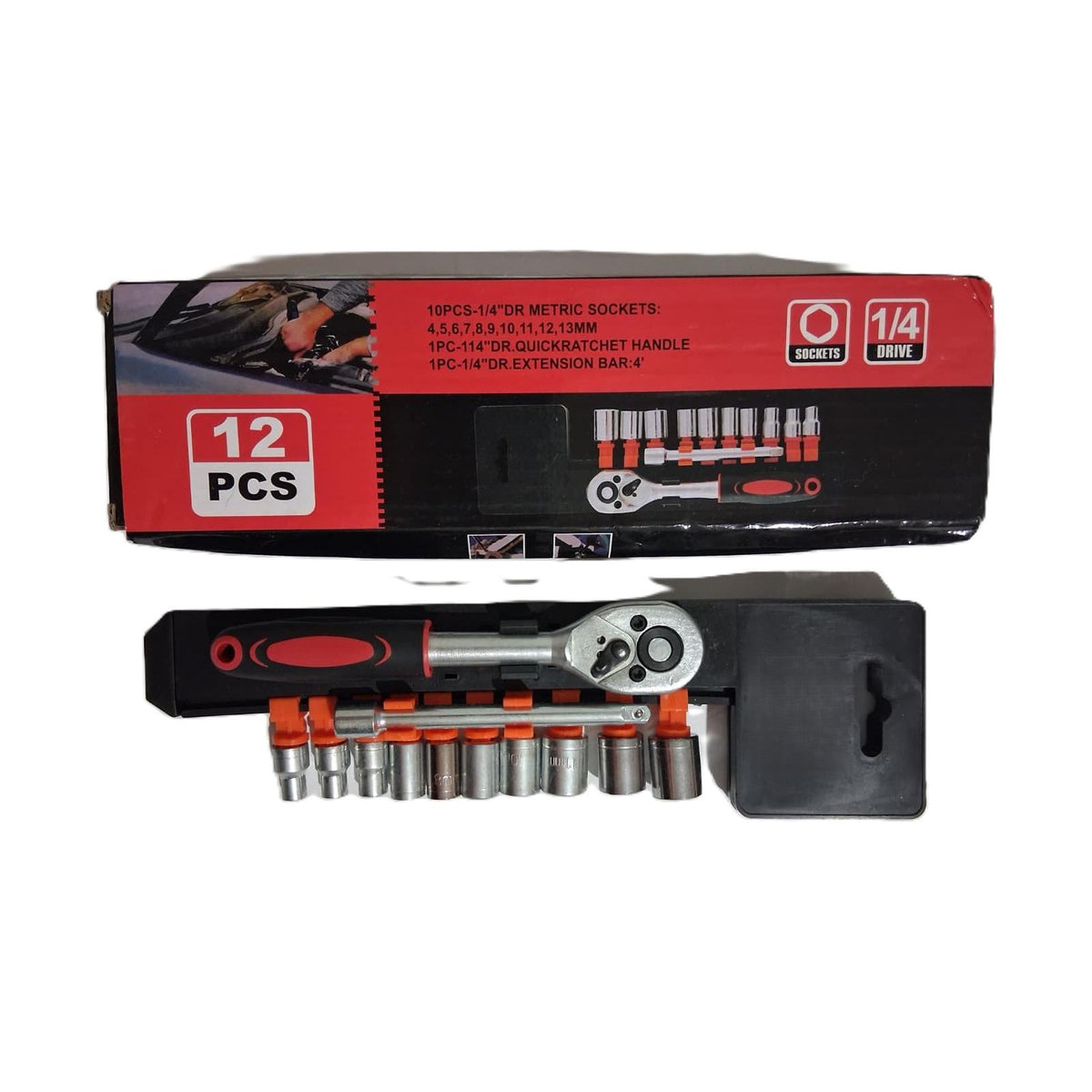 12-Piece 1/4" Drive Metric Socket Set – Quick-Ratchet Handle & Extension Bar