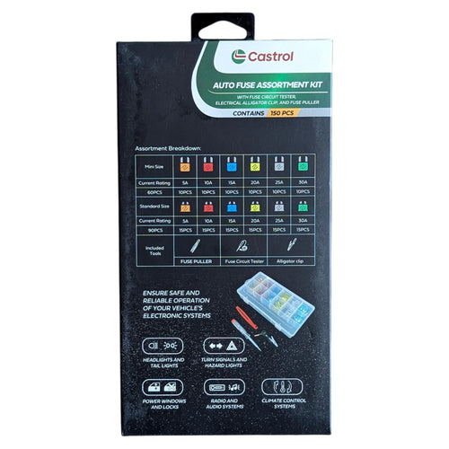 Castrol Kit Surtido de Fusibles para Auto 150 Piezas Mini y Estandar 5-30A con Probador y Extractor